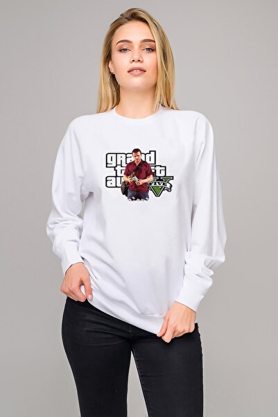 QIVI Gta V Michael De Santa Printed White Women's Knitted Sweatshirt Long Sleeve