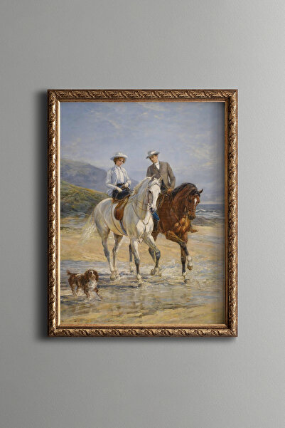 epiqart Sahilde At Binen Çift - Vintage Desenli Çerçeve