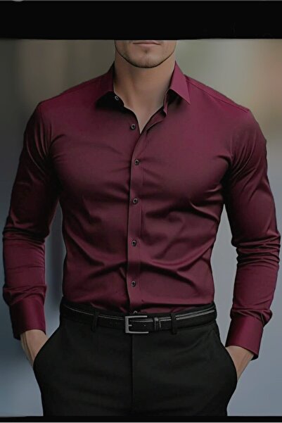 nightblack Slim Fit Long Sleeve Easy Ironing Sweat-Absorbing Breathable Texture Tie-Up Four Seasons Burgundy Men's Shirt