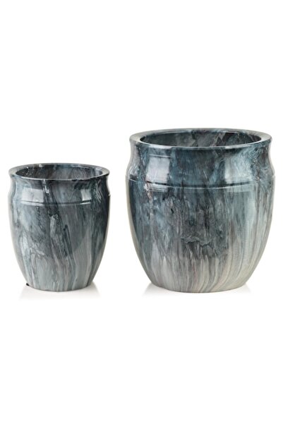 MONDEX Set of 2 Ceramic Pots NEVA MARBLE, 30.5x30.5x30.5 cm and 20.5x20.5x23 cm, gray
