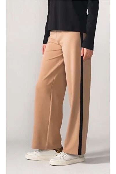MAXLEVEL MODA Beige Color Striped Detail Comfortable Cut Women's Pants