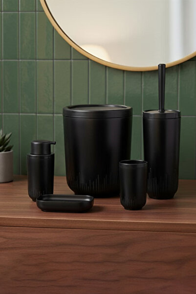 krommet 5'li Akrilik Yuvarlak Banyo Seti-Çöp Kovası, Wc Fırçalık, Sıvı Sabunl...