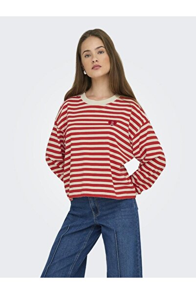 ONLY Women's Red Onllivina L/S O-Neck Stripe Top Jrs Sweatshirt 15359682-Highrisk