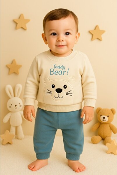 Superbaby Costum Teddy Bear pentru baieti, bluza bej si pantaloni bleu - Set ...