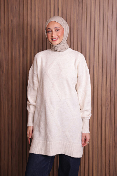 Balenbi Women's Crew Neck Diamond Pattern Soft Knit Tunic 1140