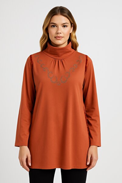 Şans Women's Plus Size Orange, Turtleneck, Velvet Trim and Stone Detail Blouse 65N39245