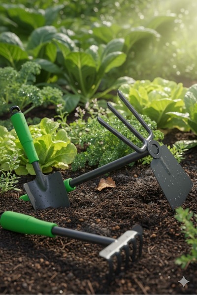 abnturk Bahçe Seti Tırmık Çapa Kürek Üçlü Bahçe seti Yeşil Saplı 33 cm