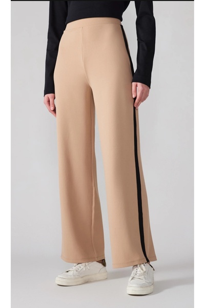 MAXLEVEL MODA Beige Color Striped Detail Comfortable Cut Women's Pants