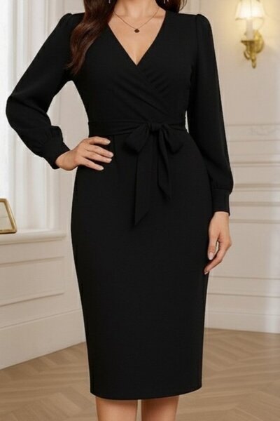 EyesOf Women's Long Sleeve Double Breasted Neck Waist Belted Midi Imported Crepe Dress