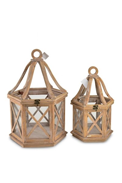 MONDEX Set de 2 felinare hexagonale, lemn deschis, 34x30x52cm și 25,5x22x42cm