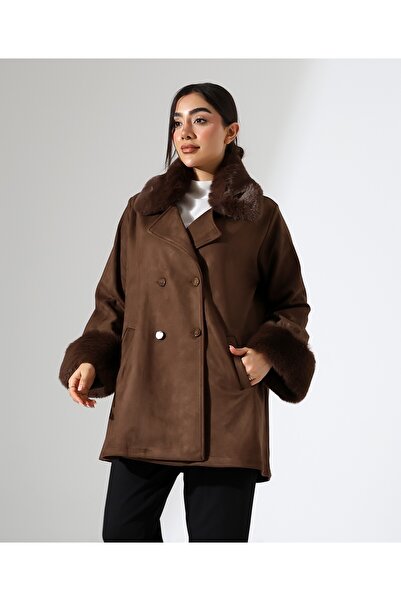 Fi'l Arz Fashion Women's Button Closure Fur Detail Jacket