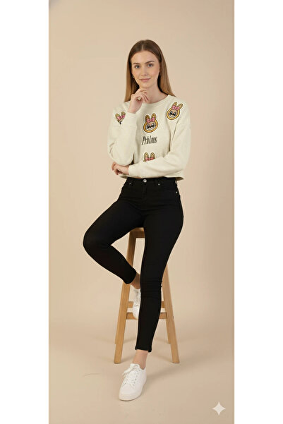 cemo Women's Labubu Character Patch Detailed Crop Sweat Crew Neck Long Sleeve Short Sweat