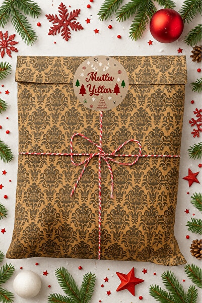 Dekals SET Damask Desenli Yılbaşı Hazır Hediye Paketi Seti (30x40 Paket+ip+ ETİKET-8CM)
