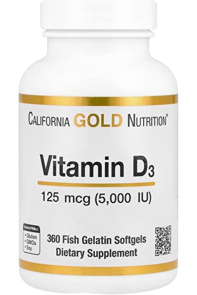 California Gold Nutrition Vitamin D3 360 Fish Gelatin Softgels - 125 Mcg (5,000 IU)