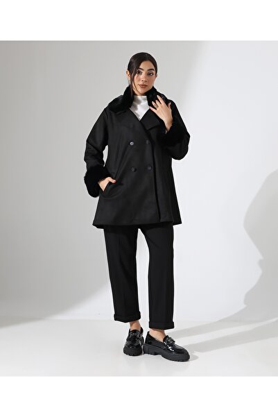 Fi'l Arz Fashion Women's Button Closure Fur Detail Jacket