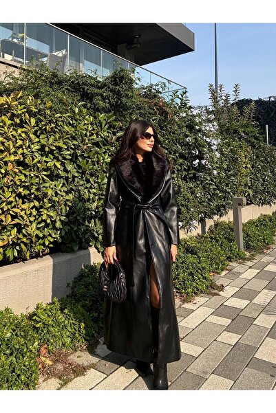 LOISY Palton de damă din piele neagră cu guler de blană