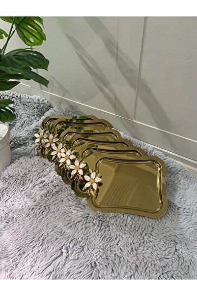 Genel Markalar TEK TARAFLI GOLD 6'Lı Paslanmaz Çelik Papatya Aksesuarlı İtalyan Büyük Dalgalı Servis Tepsisi