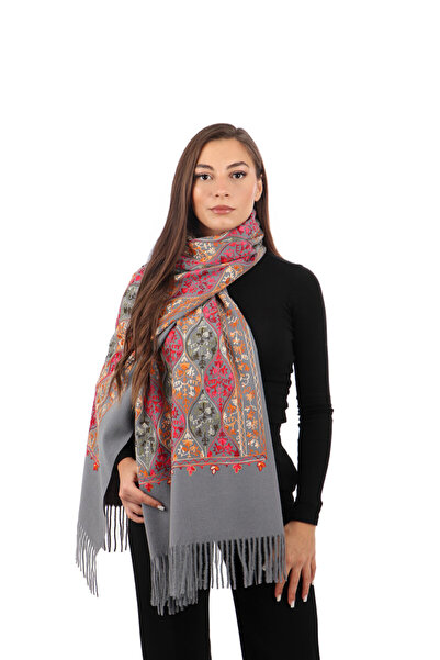 Bursa İpek Gray Embroidered Winter Shawl