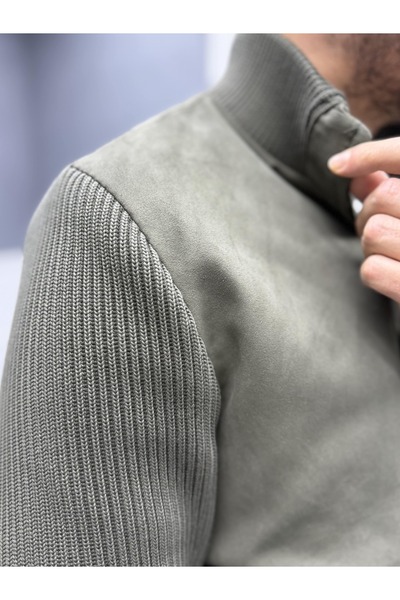 Avni Ceylan Men's Nubuck Knitwear Sleeve Detailed Slim Fit Coat