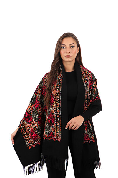 Bursa İpek Black Embroidered Winter Shawl