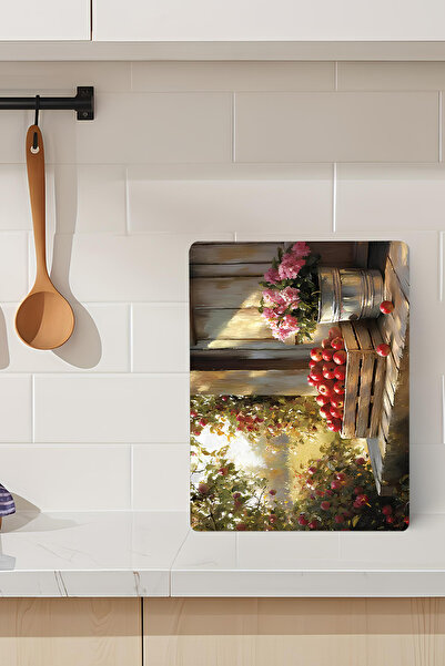 kutuTR Tempered Glass Cutting Board – Rustic Garden Themed with Apples and Fl...