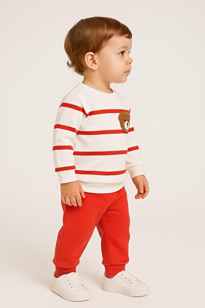 dinamik çocuk Striped Punch Teddy Bear Baby Set with Snap Fasteners on the Shoulder, 2-Piece Bottom and Top, Transitional Months, 3-6-9-12 Months