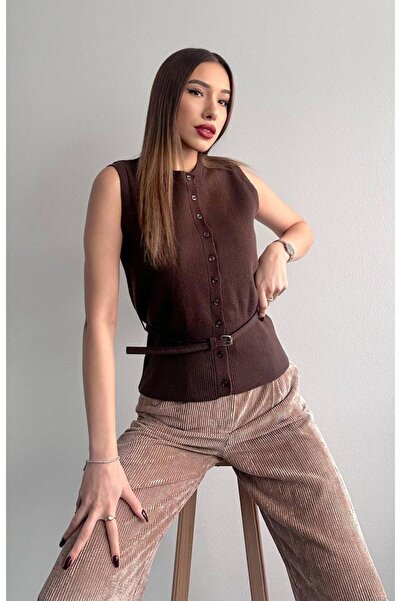 Ecenin Favorileri Bitter Brown Suede Belted Wool Mohair Women's Vest