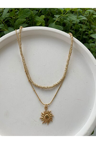 Anetta Jewelry Kadın altın renk güneş ve Gold renk boncuklu ikili çelik kolye...