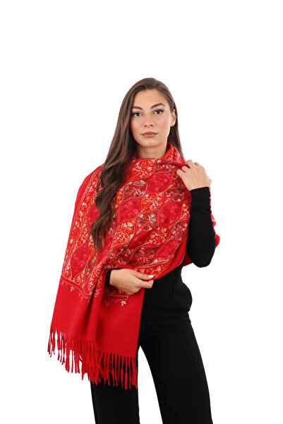 Bursa İpek Red Embroidered Winter Shawl