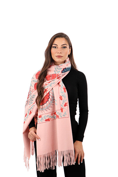 Bursa İpek Pink Embroidered Winter Shawl