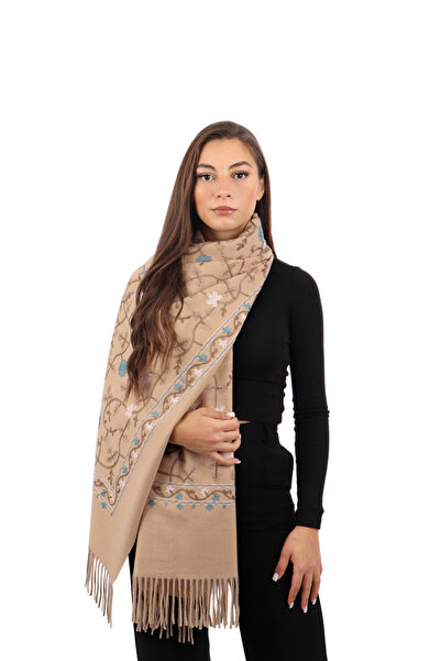 Bursa İpek Light Beige Embroidered Winter Shawl