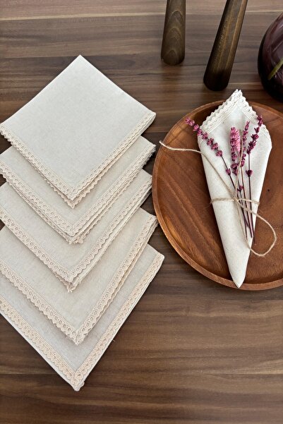 zarafet concept 6Lı Ham Keten Organik Zarif Dantel Detaylı Kumaş Peçete 35x35