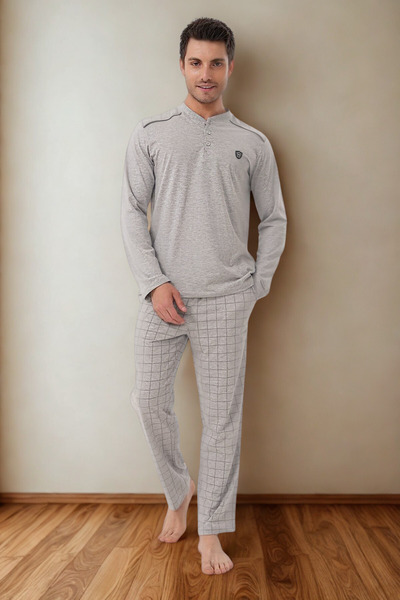 bigmama طقم بيجامة شتوية للرجال بياقة بأزرار – مقاس كبير ومقاس قياسي، ملابس م...