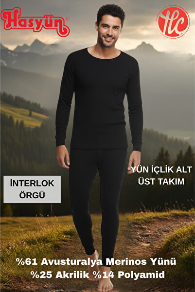 Hasyün Men's Black 61% Wool Sweat-Absorbent Non-Irritating Underwear Long Sleeve Top and Bottom Set