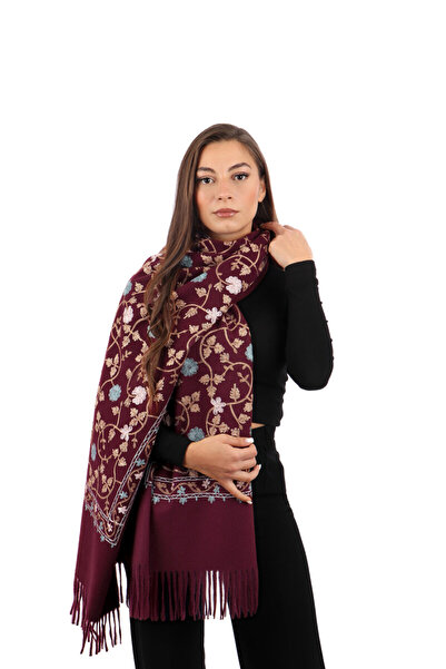 Bursa İpek Plum Embroidered Winter Shawl
