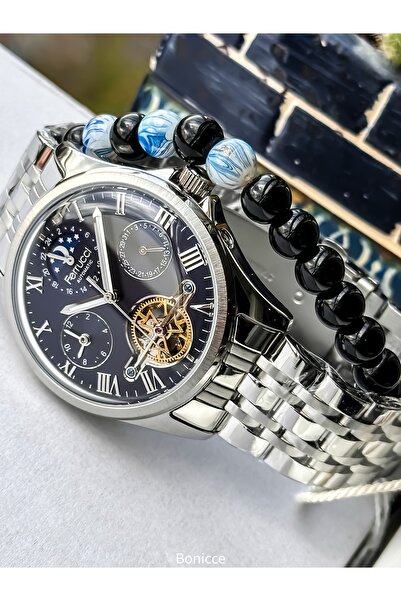 Ferrucci Automatic (Battery-Free) Men's Wristwatch, Steel Band, Waterproof, Silver - Navy Blue Color Bracelet Gift