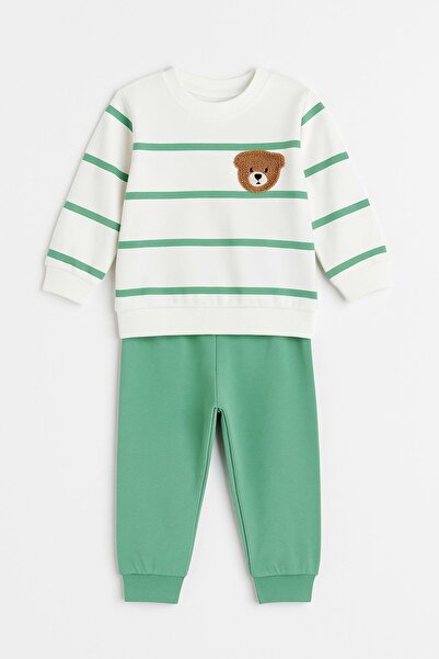 dinamik çocuk Striped Punch Teddy Bear Baby Set with Snap Fasteners on the Shoulder, 2-Piece Bottom and Top, Transitional Months, 3-6-9-12 Months