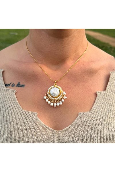 BuinJewellery Gerçek İnci Madalyon Kare Zincir Kolye