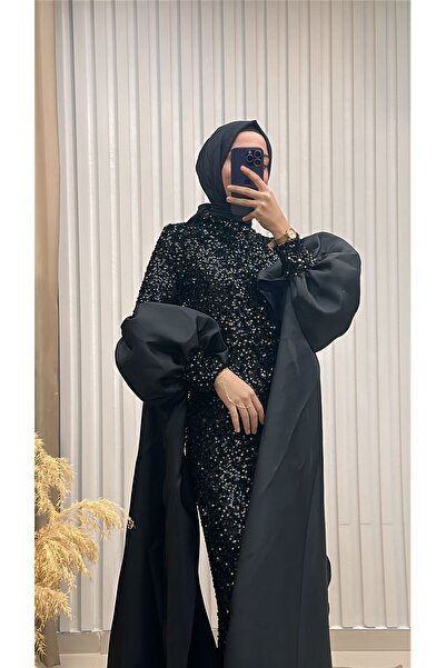 MERVE TESETTÜR فستان سهرة بتصميم مطرز بالترتر وأكمام من الساتان