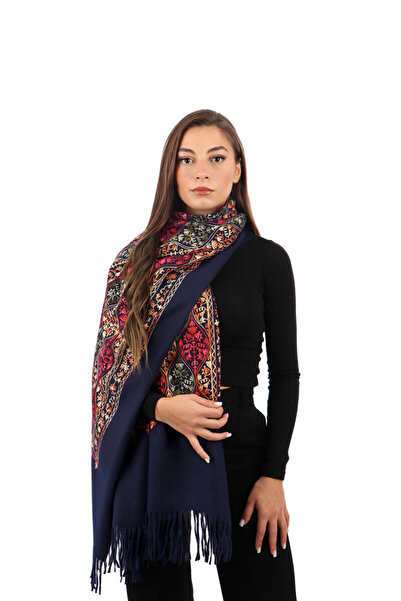 Bursa İpek Navy Blue Embroidered Winter Shawl