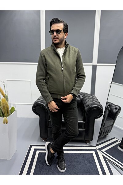 Avni Ceylan Men's Nubuck Knitwear Sleeve Detailed Slim Fit Coat