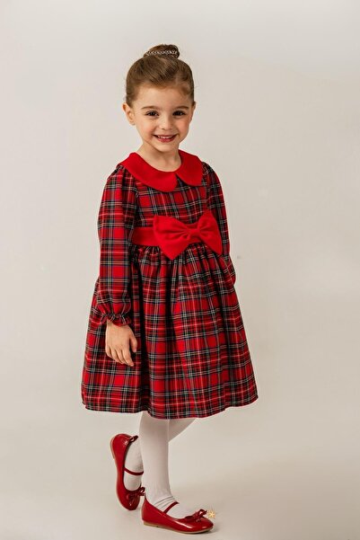 Trend Baby Kids Girl's New Year Concept Peter Pan collar Plaid Red Dress