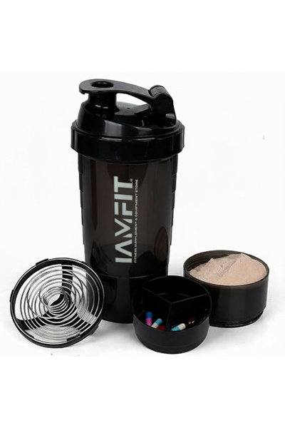 IAMFIT Smart Shaker Bottle Black – 500ml Dual Storage for Protein powder & Pills | Sports Drinks, Leakproof