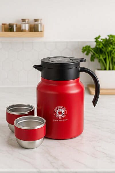 Biki 1000ml Stainless Steel Vacuum Flask with Handle, Tea Infuser & 2 Cups, 12–24Hr Insulation