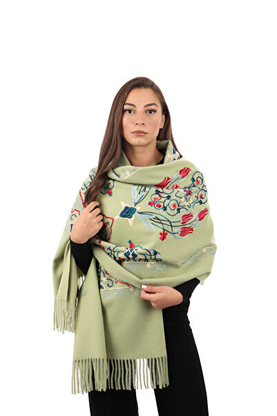 Bursa İpek Light Green Embroidered Winter Shawl