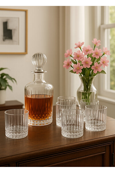 COCEM Kristal Cam Sürahi ve 6’lı Viskı Bardak Seti - Şık Ev & Ofis İçecek Takımı (Toplam 7 Parça)