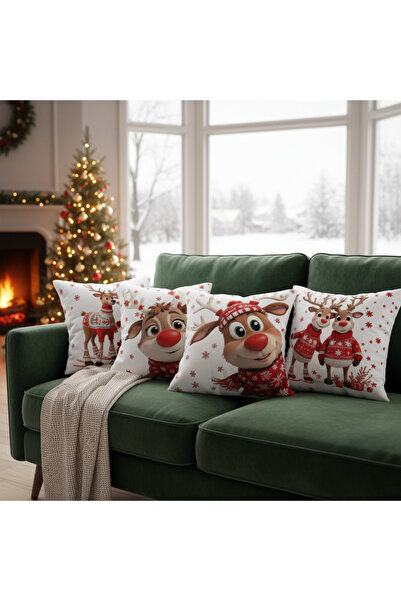 Artvibe Червоно-білий чохол для подушки з цифровим принтом у вигляді оленя, 4 штуки, з новорічною тематикою, декоративний
