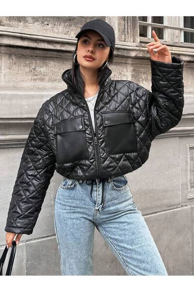 BORCKA TEKSTİL Black Color Quilted Women's Coat with Pockets
