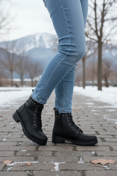 Y&D Shoes حذاء نسائي أسود بسحاب مظهر جلدي