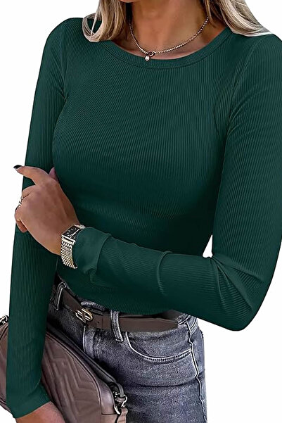 Şiir Makeni Women's Slim Fit Crew Neck Long Sleeve Stretchy Corset Top & Bodysuit - Khaki